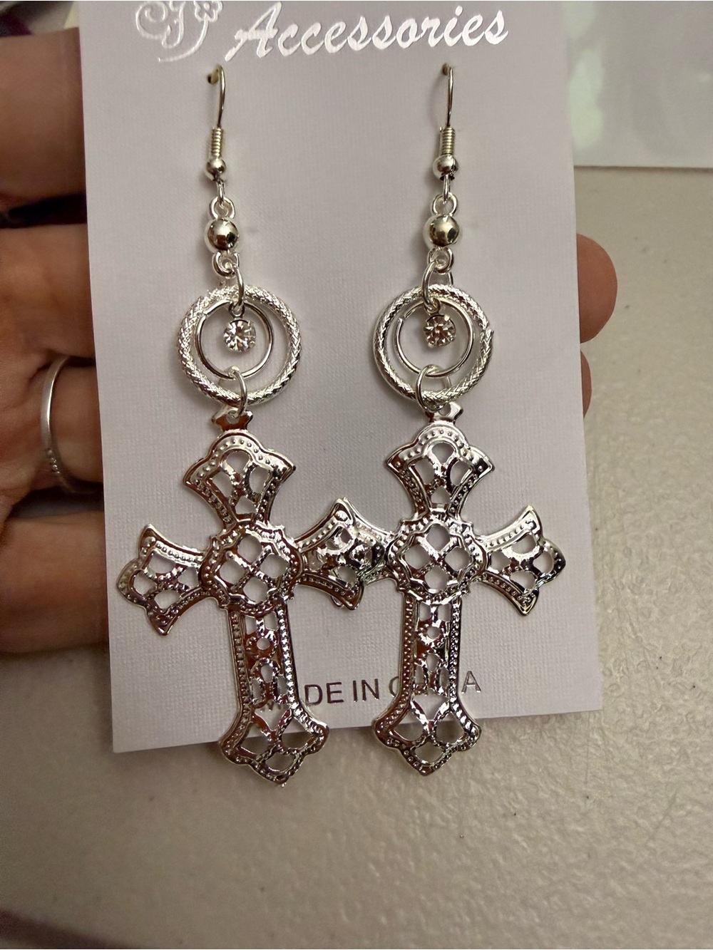Silver or Gold tone Filigree Cross Drop Earrings